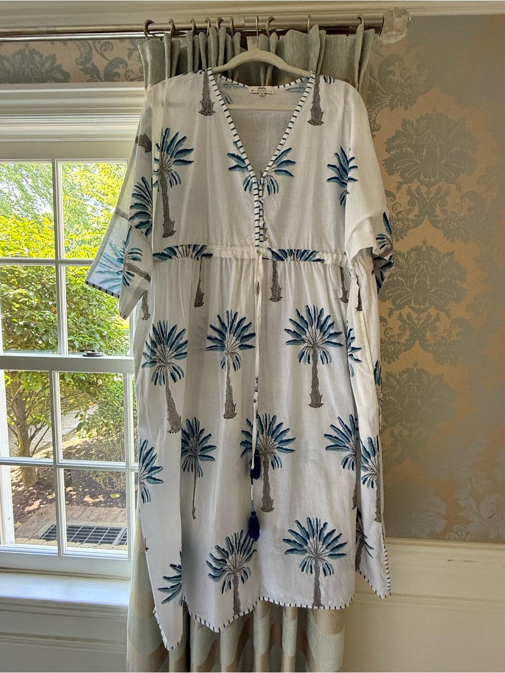 White Palm-Print V-Neck Swim Coverup with Blue Accents